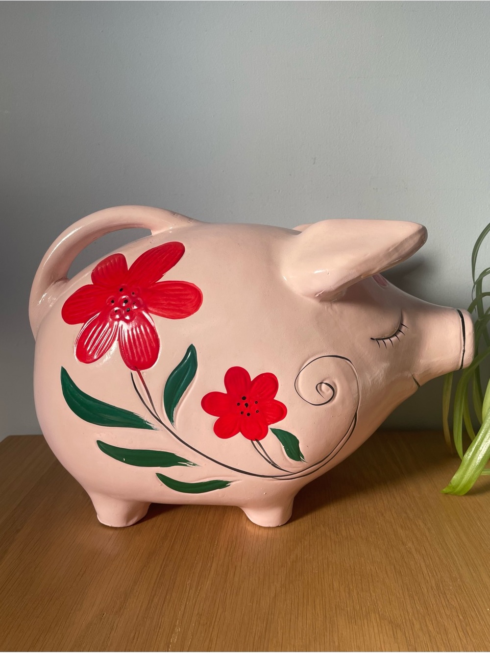Vintage MCM Jumbo Pink Ceramic Floral Piggy Bank Hand-Painted Mid-Century 12”